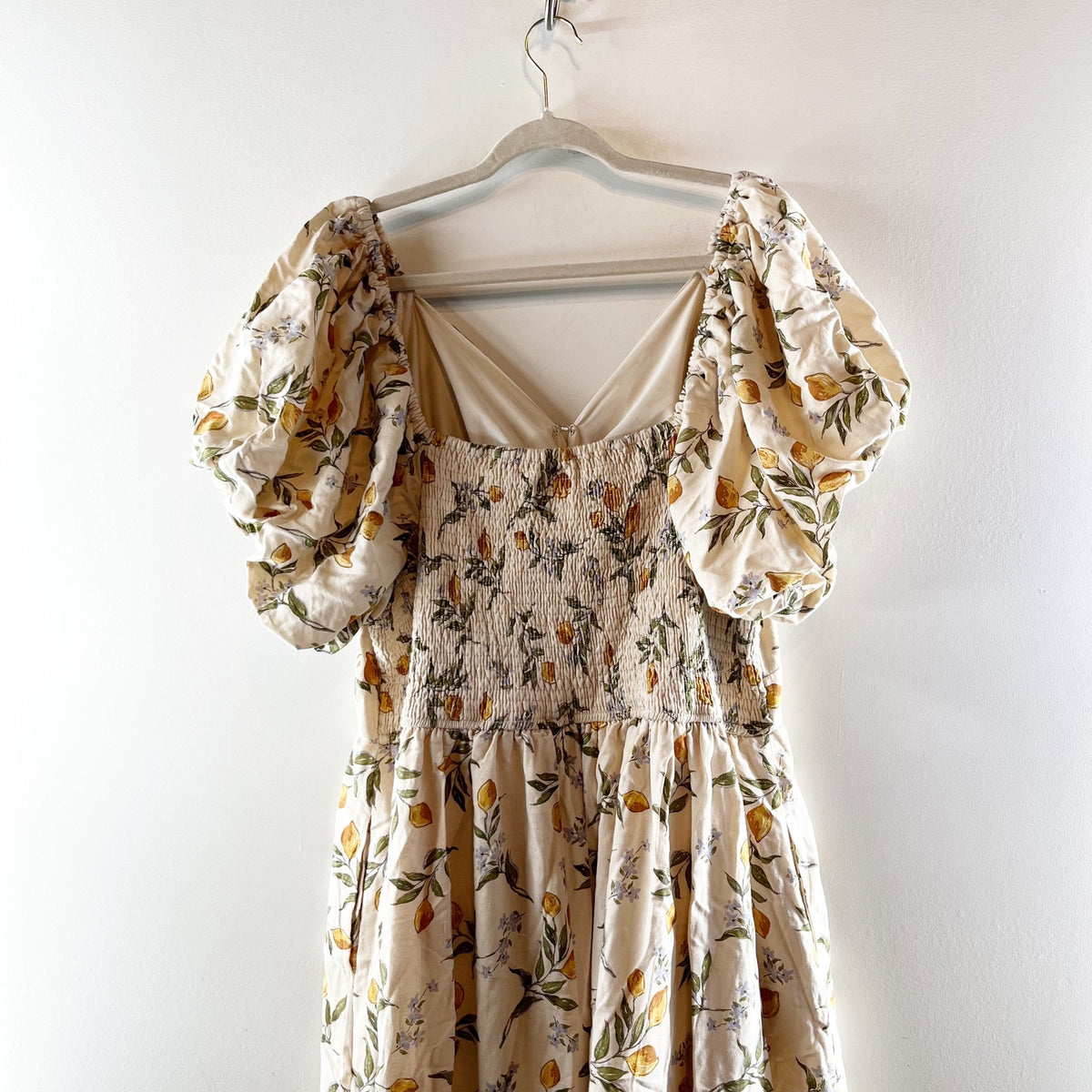 LEA Lemon Print Puff Sleeve Twist Front Smocked Maxi Dress Beige Yellow 2X