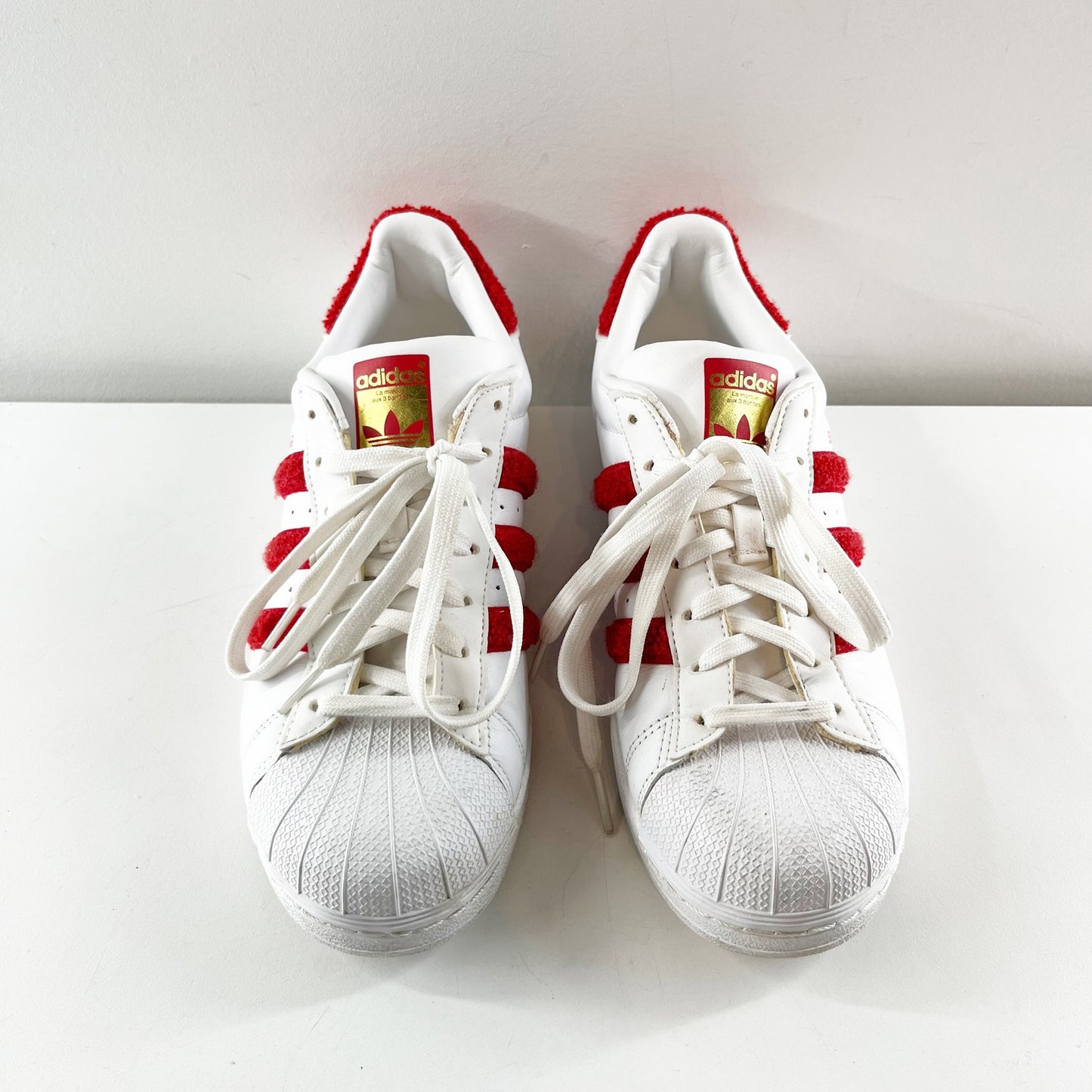 adidas Originals Chenille Superstar Fashion Sneaker Cloud White Better Scarlet 9
