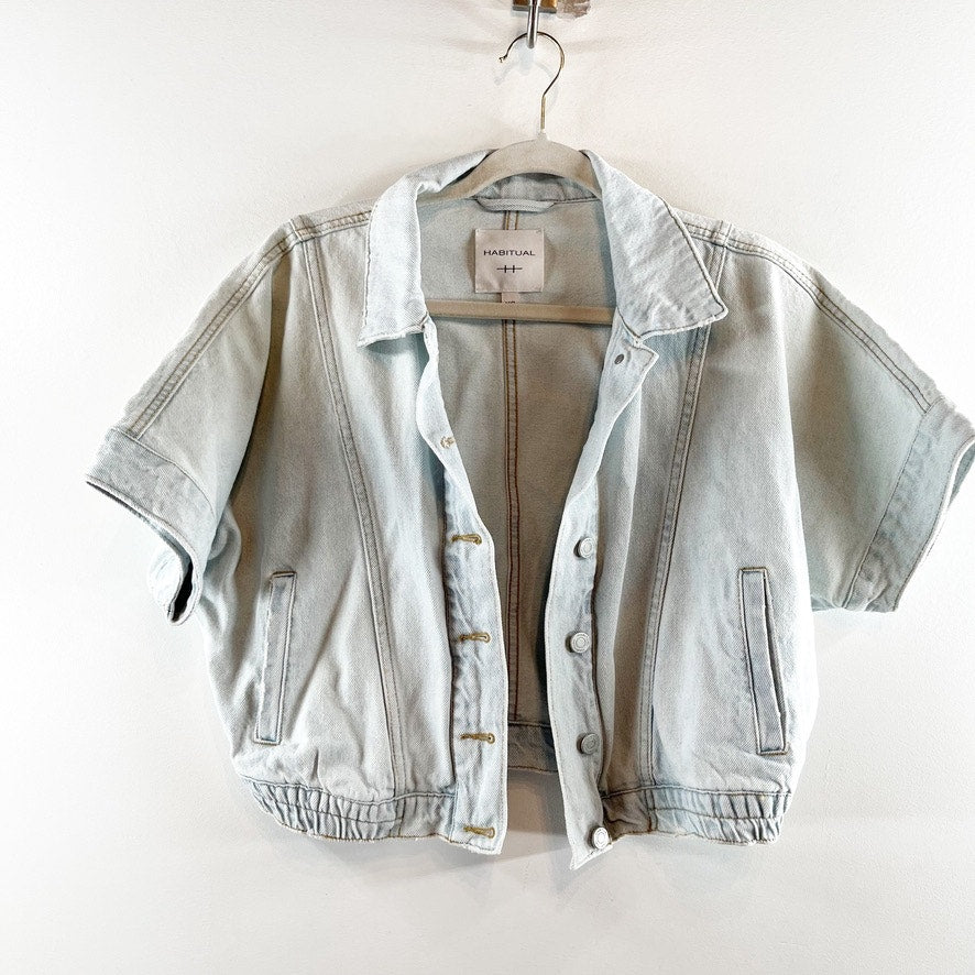 Habitual Oversized Short-Sleeve Denim Cropped Jacket Mist Bleached Blue XS