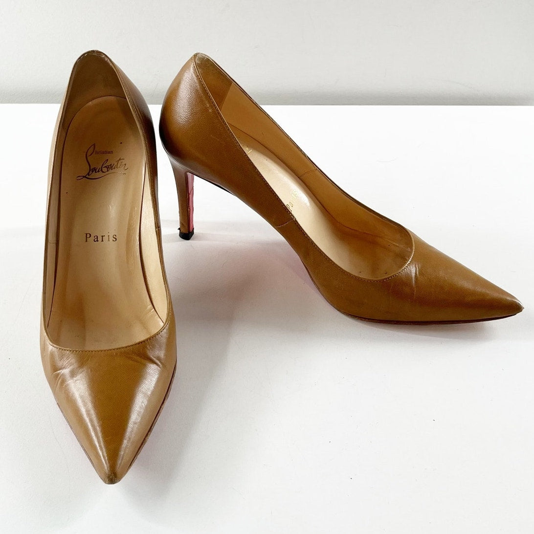 Christian Louboutin Pigalle Pointed Toe Leather Heels Pumps Brown Tan Nude 6.5
