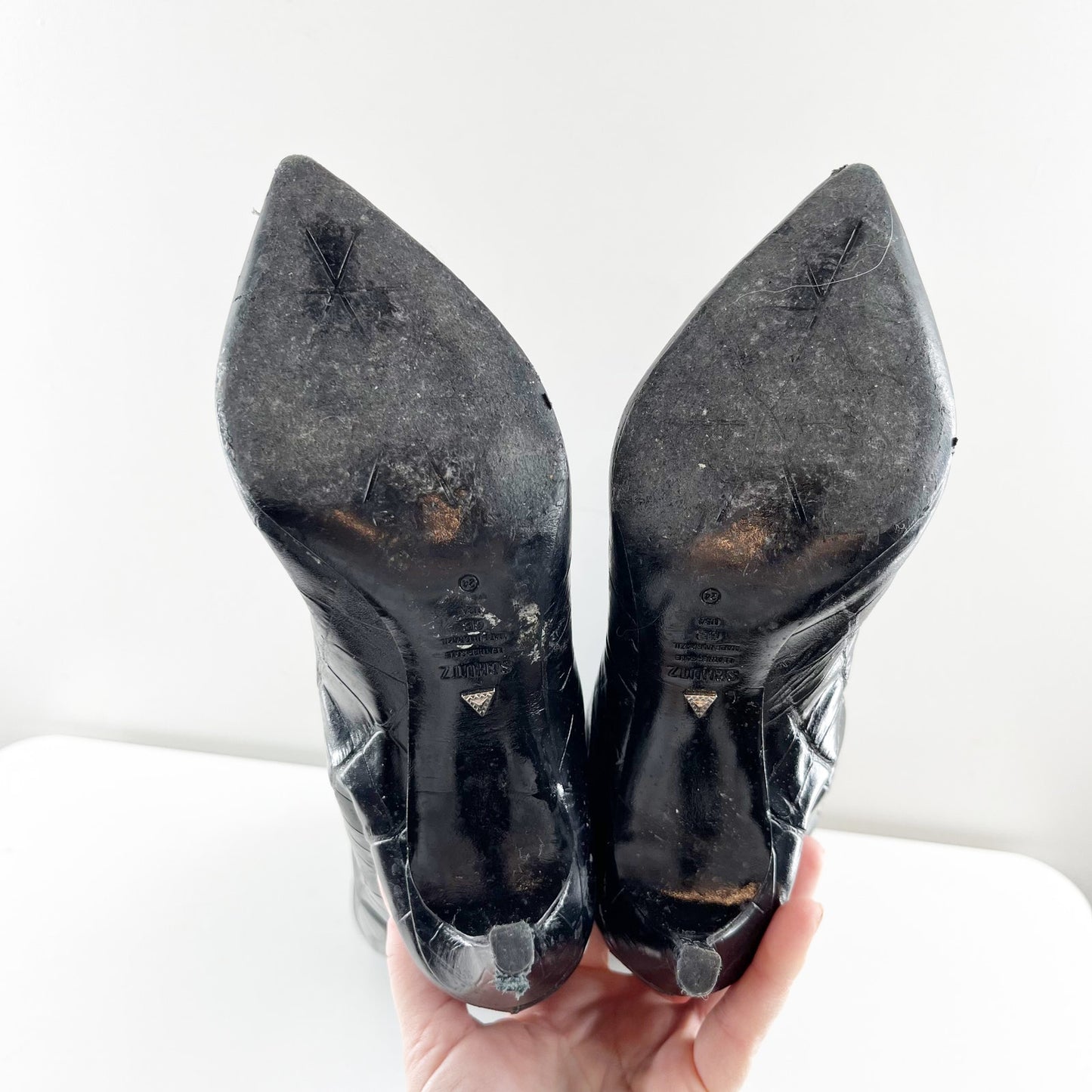 Shutz Maryana Knee High Croc Embossed Stiletto Heel Boots Black 6