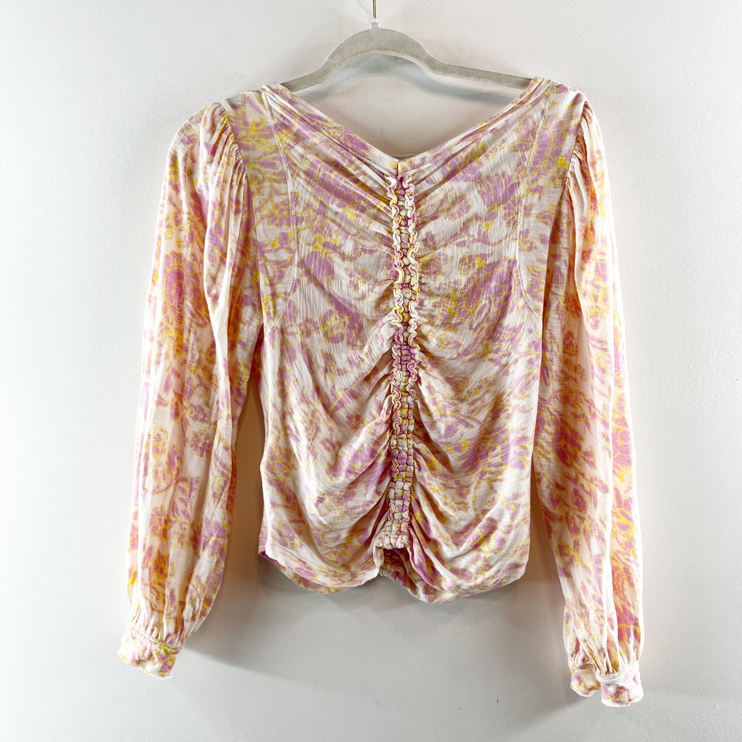 Free People Say The Word V Neck Long Sleeve Floral Ruched Top Pink Small
