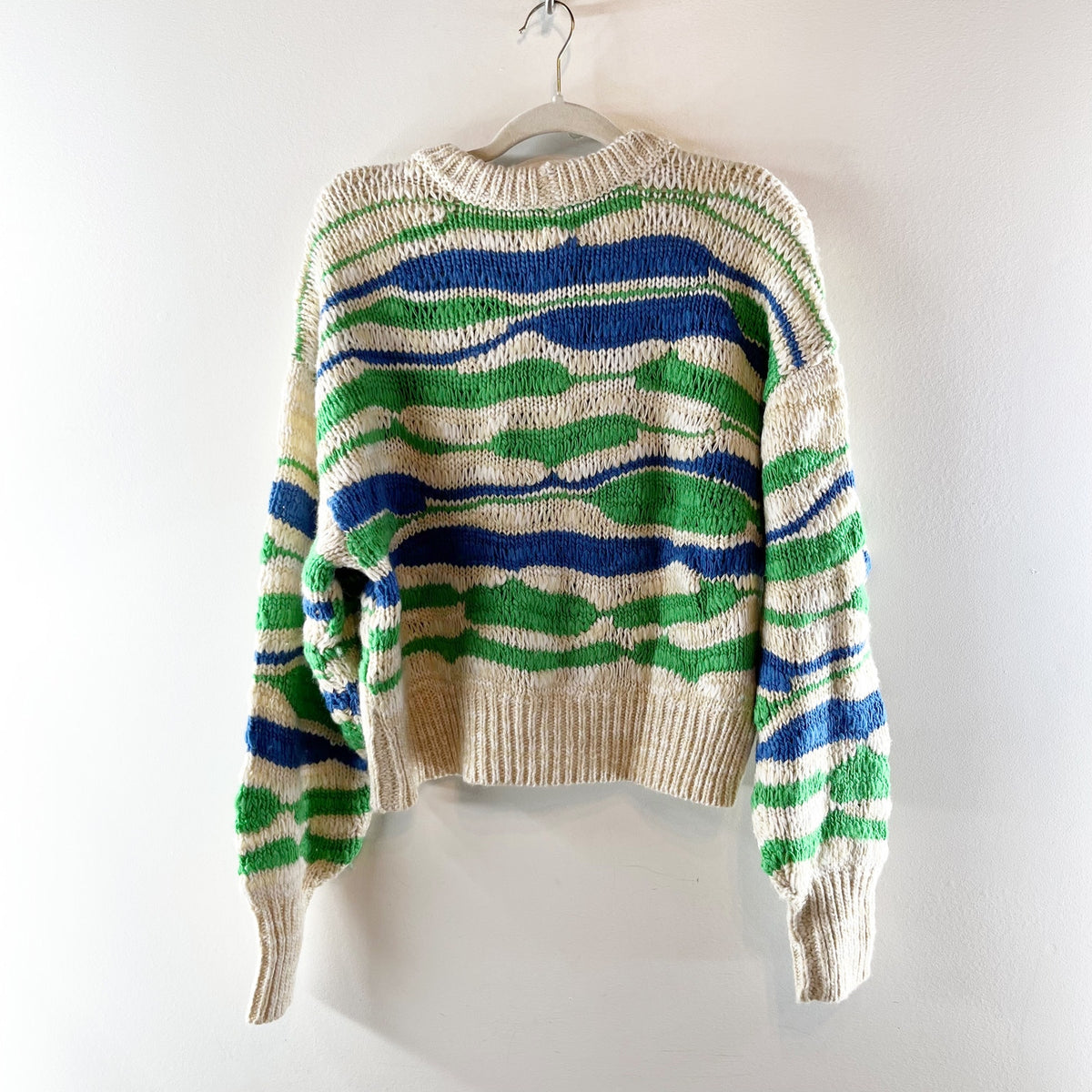 Aerie Long Sleeve Crewneck Chunky Knit Sweater Tan Green Blue Small