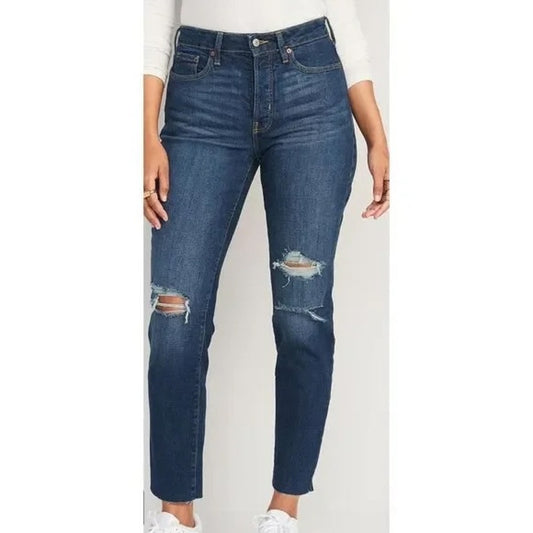 Old Navy High Rise The O.G, Straight Leg Distressed Raw Hem Jeans Blue 12