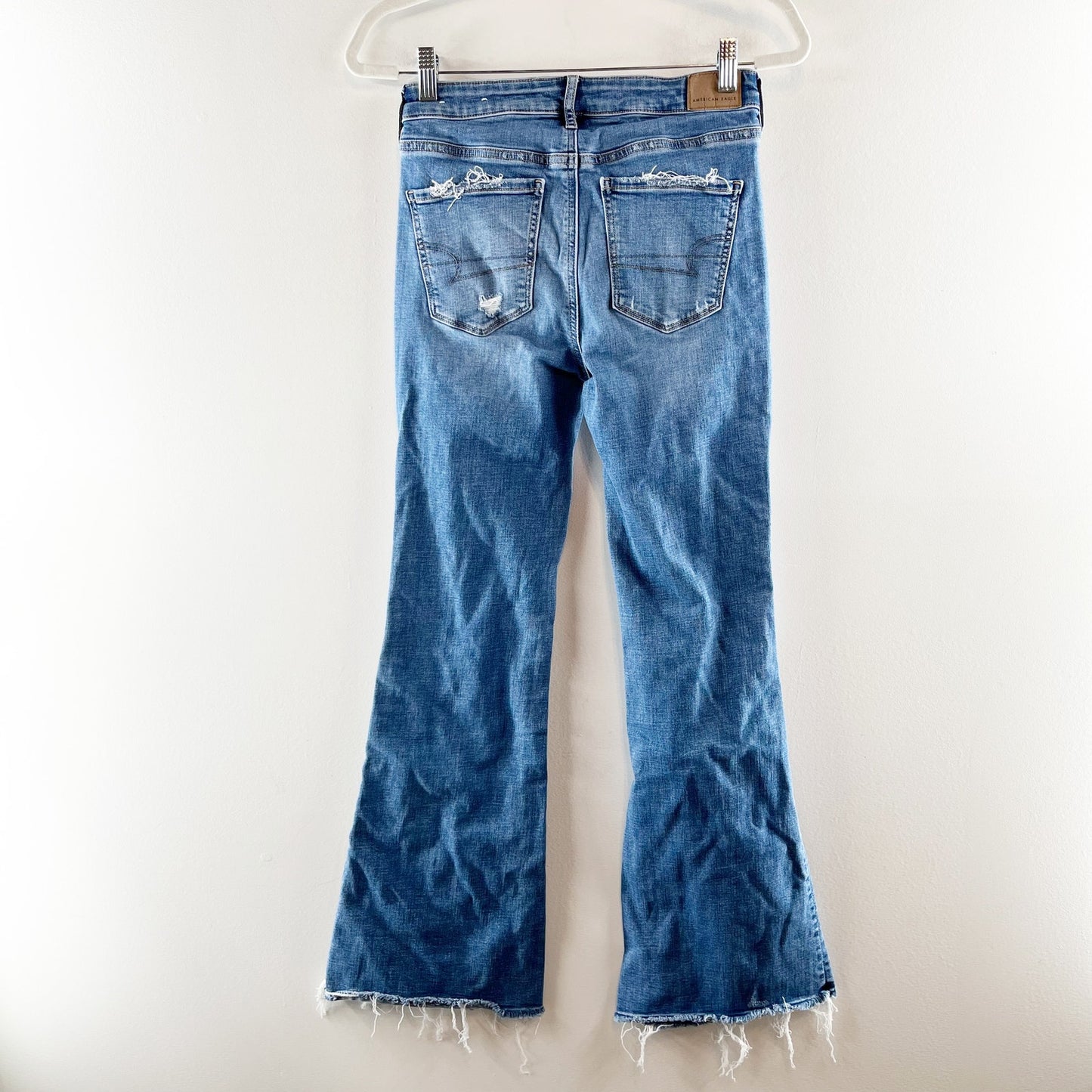 American Eagle Distressed Raw Hem Super High Rise Flare Jeans Blue 2