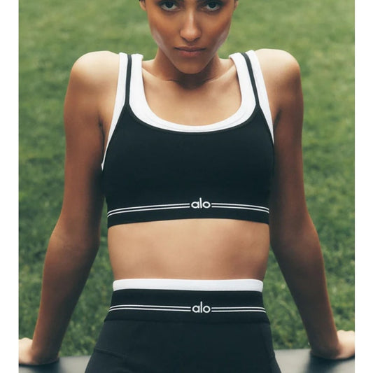 Alo Airbrush Better Together Layered Sports Bra Black White Small