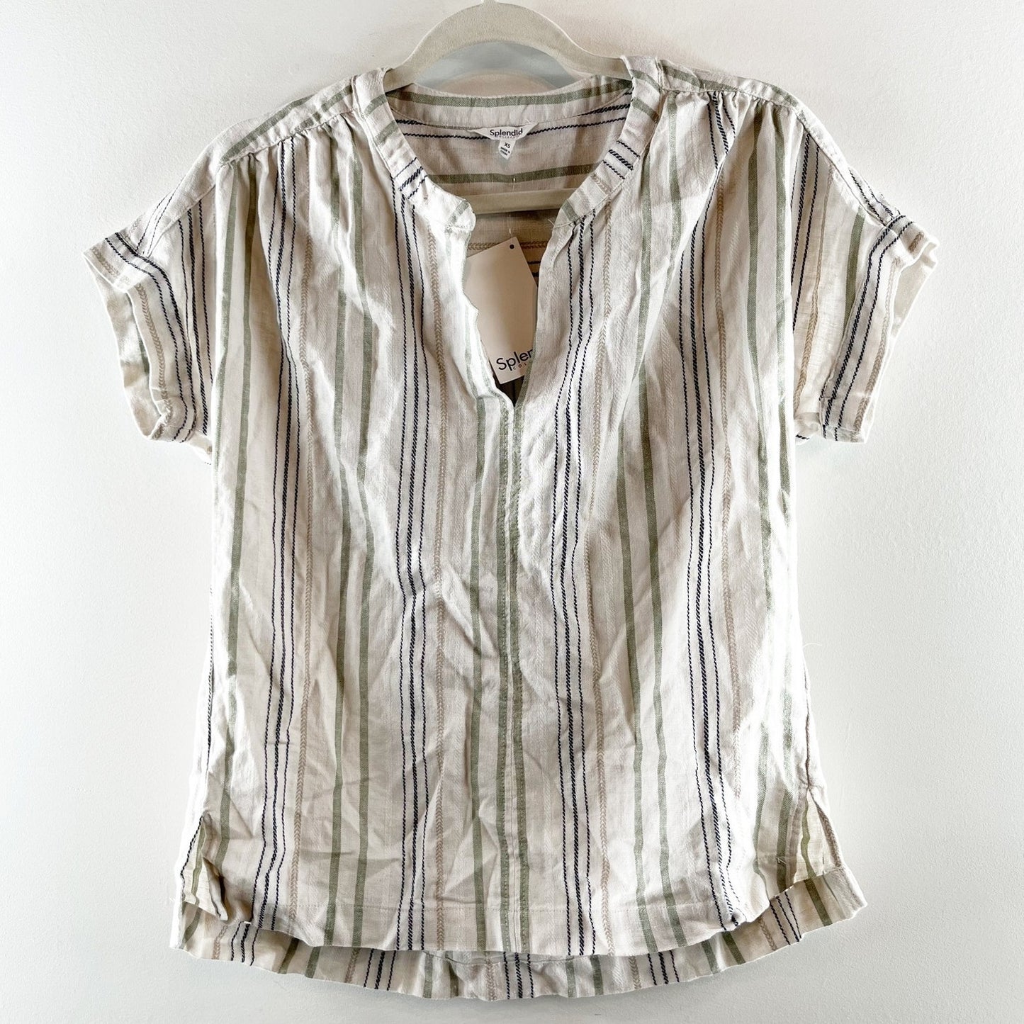 Splendid Short Sleeve Linen Blend Striped Basic Tee Shirt Top Blouse Tan XS