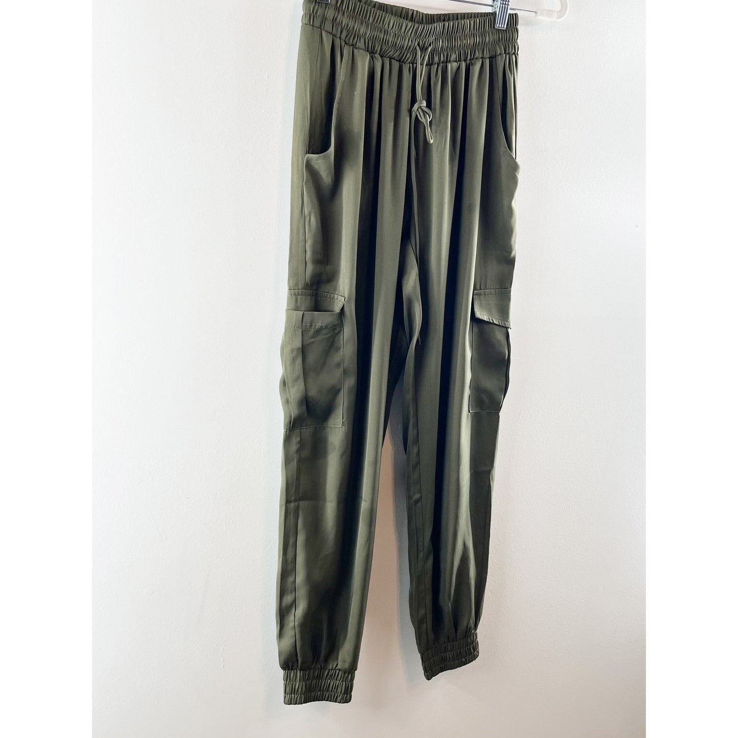 PINCH Satin Pull On High Waisted Drawstring Cargo Jogger Pants Olive Green Small