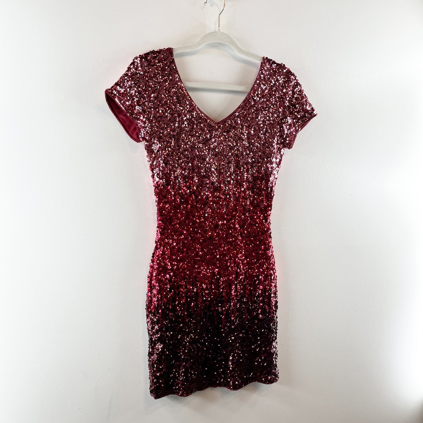 Maner Ombre Sequin Short Sleeve Bodycon Mini Dress Pink Red Black Small