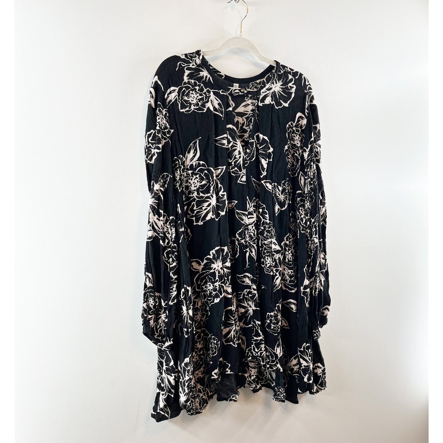 Free People Snap Out of It Floral 3/4 Sleeve Swing Tunic Mini Dress Black Large