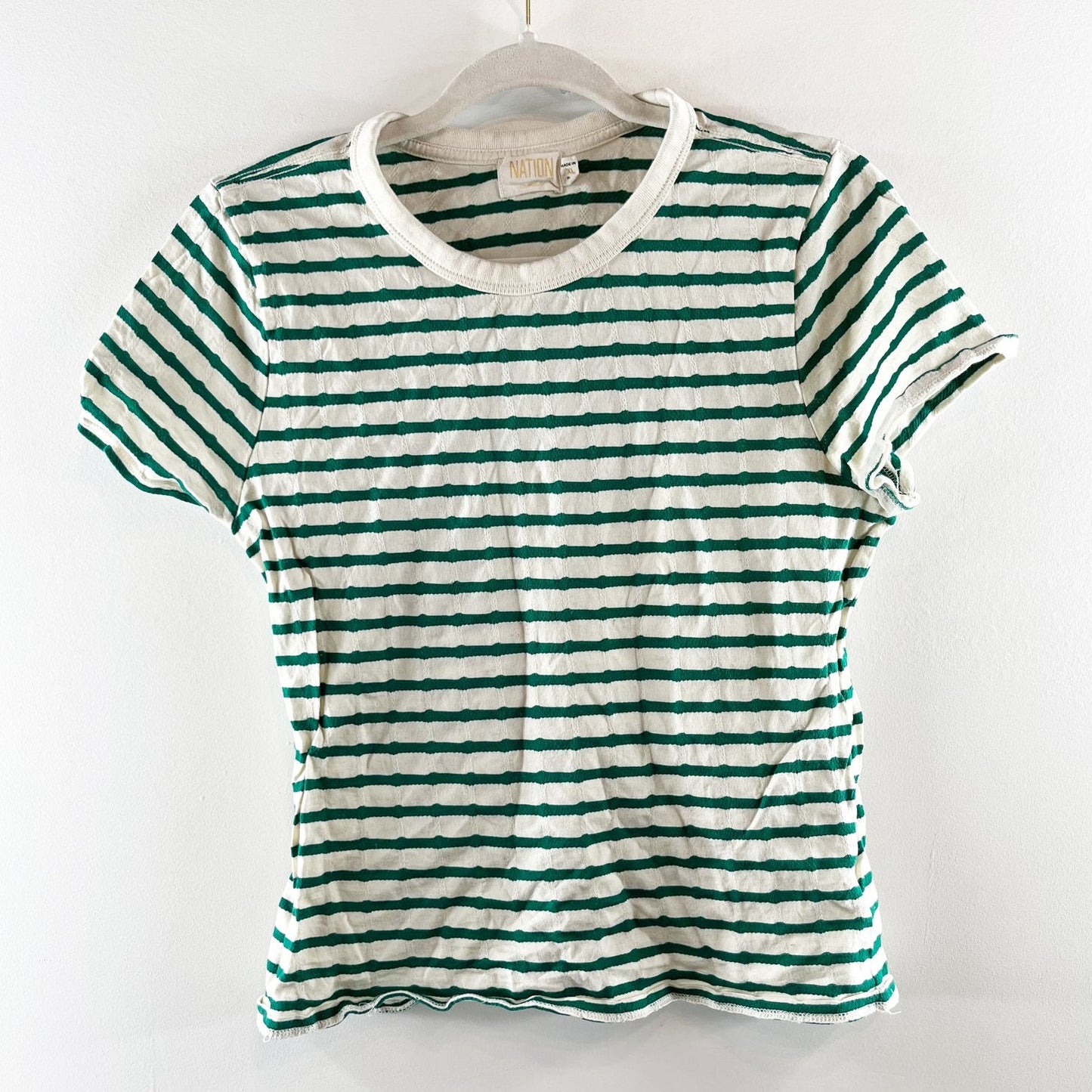 Nation LTD Laurence Shrunken Striped Crewneck Baby Tee Shirt Green White XL