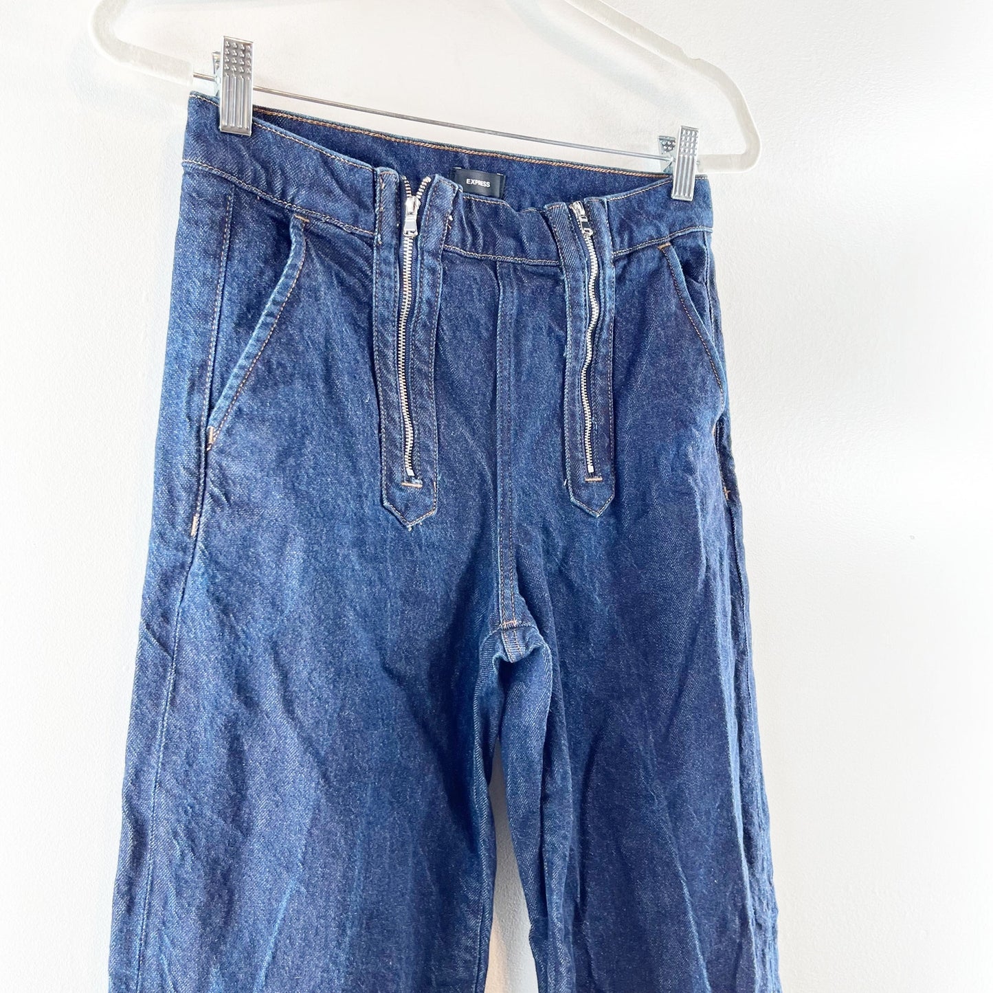 Express High Rise Wide Leg Exposed Double Zipper Dark Wash Jeans 4 Petite