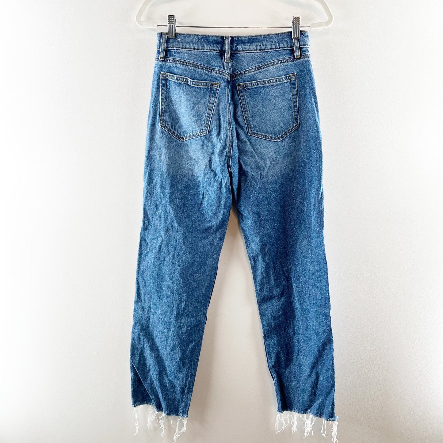 LOFT High Rise Straight Leg Raw Frayed Hem Rhinestone Jeans Blue 2 / 26