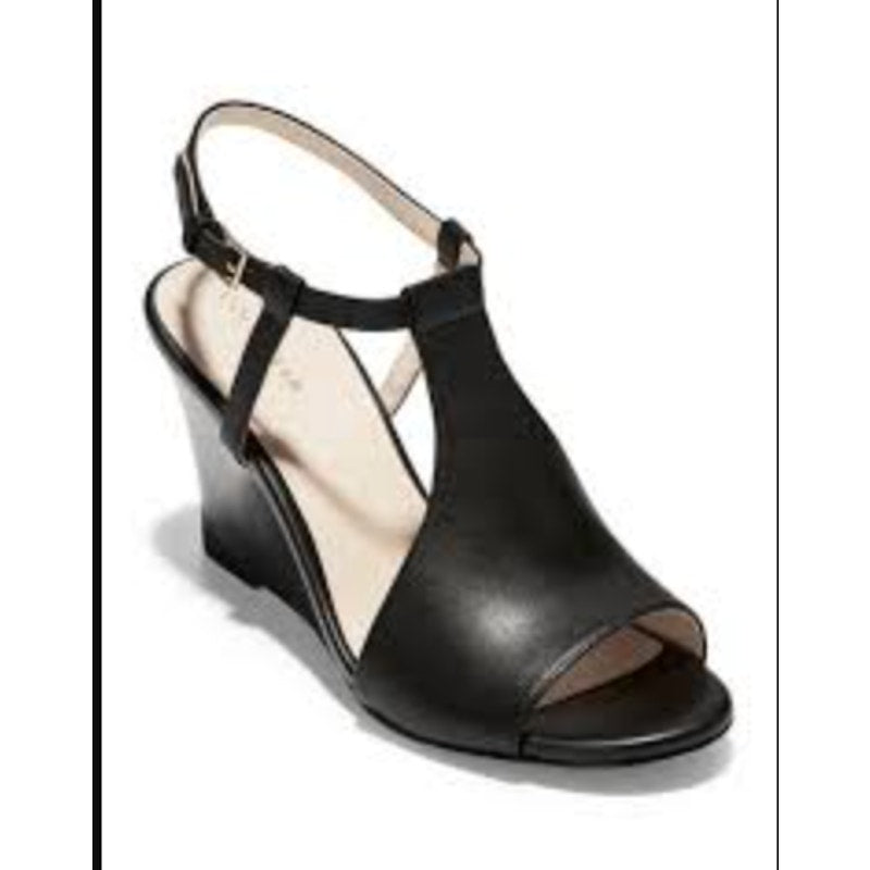 Cole Haan Maddie Open Toe Wedge Leather Shoes Sandals Black 9.5