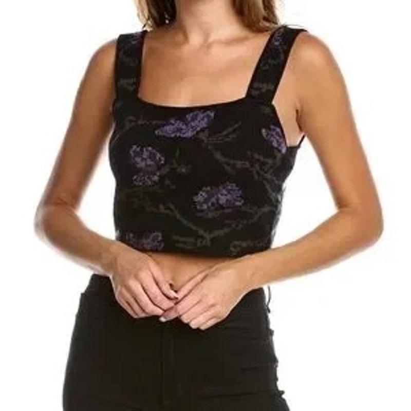 Vince Wool Cashmere Orchid Square Neck Sweater Floral Cami Crop Top Black Medium