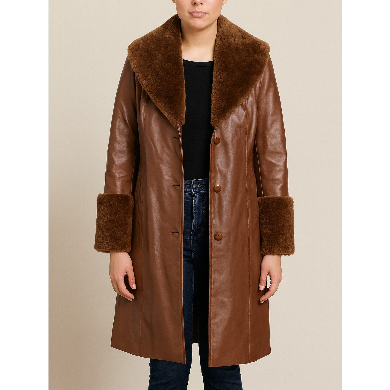 House of Harlow 1960 Faux Leather Trench Coat with Faux Fur Trim Brown Small