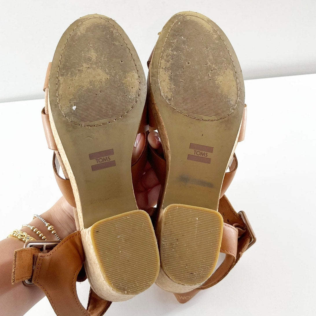 TOMS Ava Cork Block Heel Leather Sandals Brown 8.5