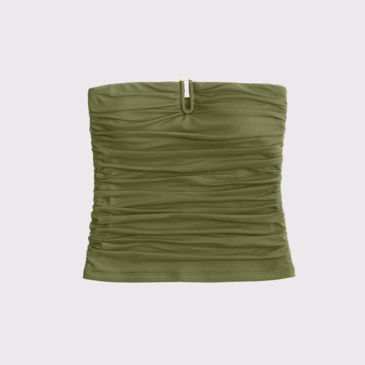 Abercrombie & Fitch Bra-Free Mesh Hardware Ruched Cropped Tube Top Green XS