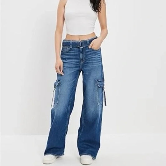 American Eagle Outfitters Super High Rise Baggy Wide Leg Cargo Jeans Blue 0