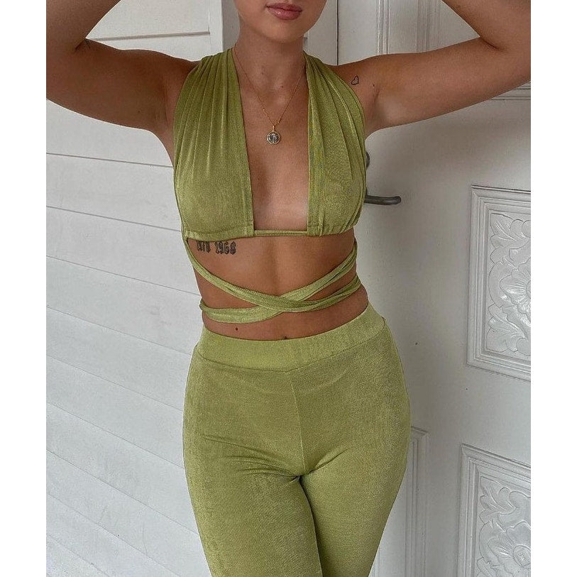 Peppermayo Wrap Tie Crop Bra Top and High Rise Flare Pants Matching Set Green 6