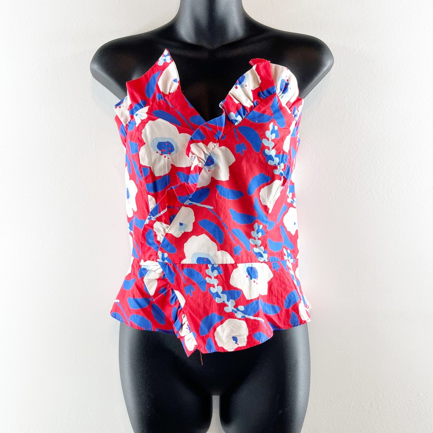 Hutch by Anthropologie Floral Printed Strapless Ruffle Top Red/White/Blue 10