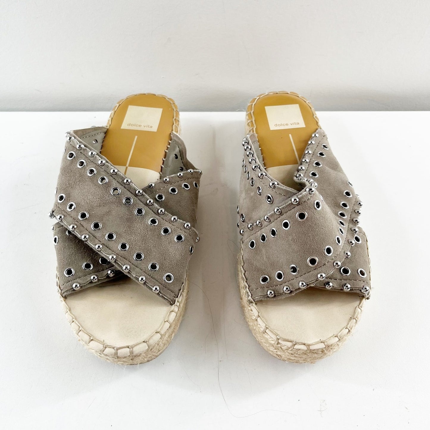 Dolce Vita Iva Studded Leather Platform Espadrille Sandals Gray 7.5