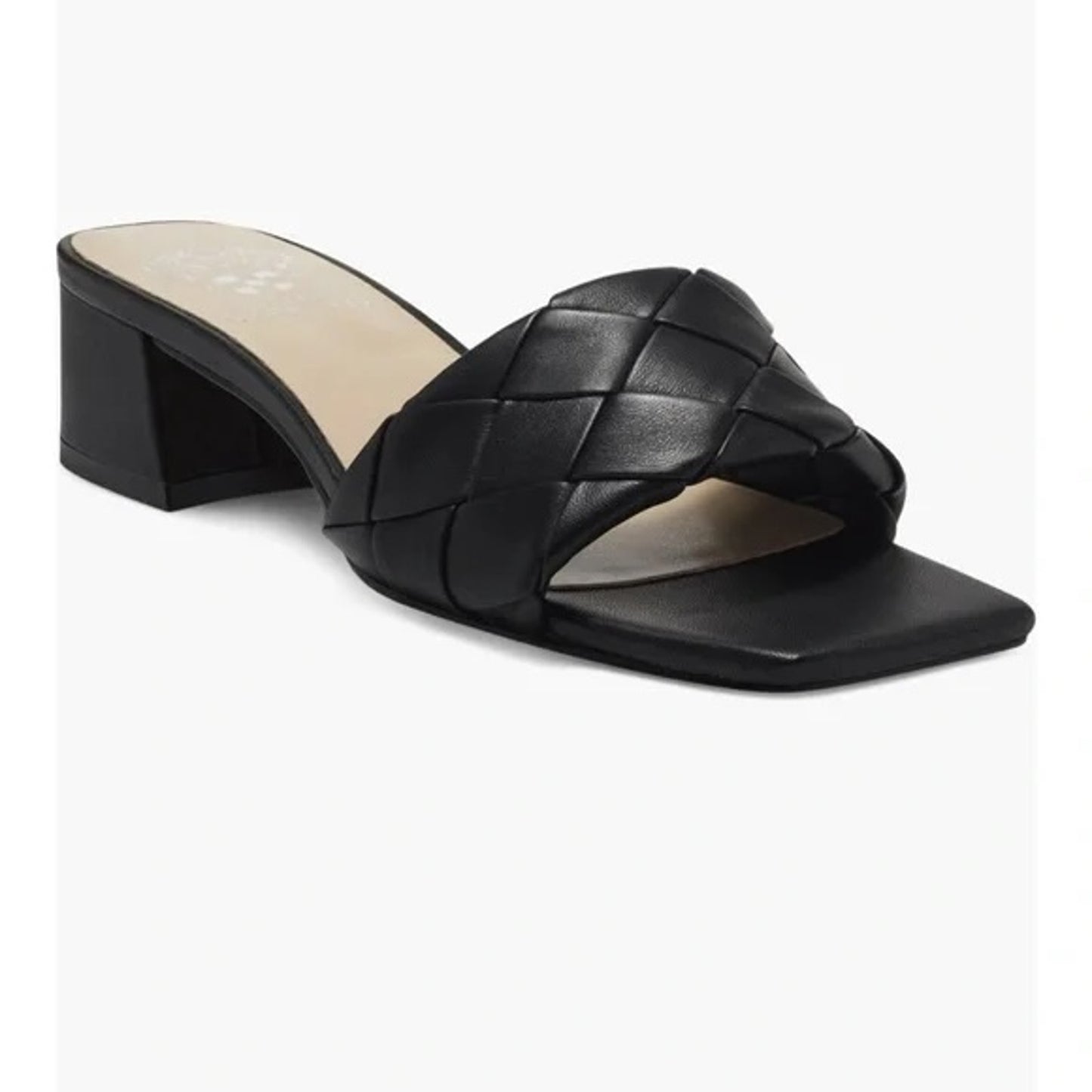 Vince Camuto Semtera Woven Kitten Block Heel Square Toe Slide Sandals Black 6.5