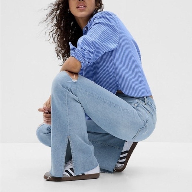 GAP '70s High Rise Distressed Split Hem Flare Jeans Light Wash Blue 33 / 16