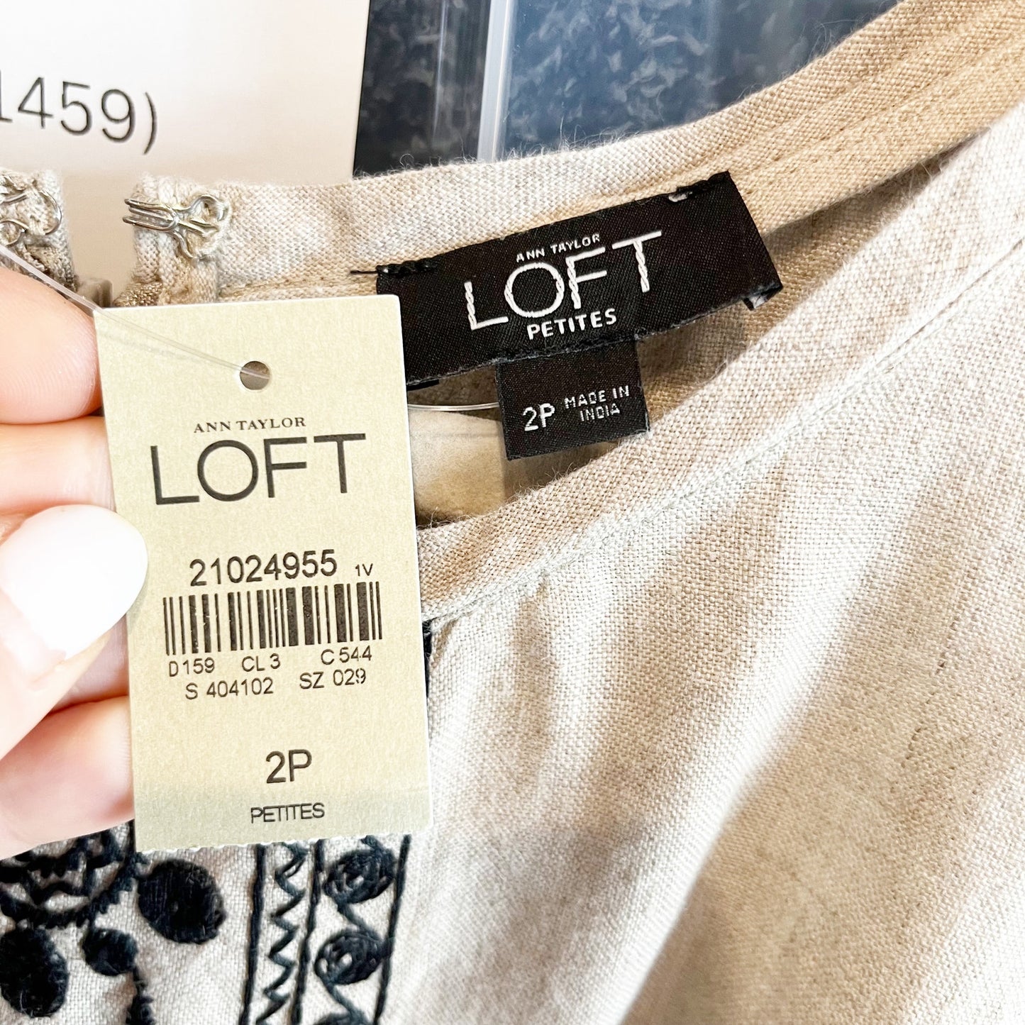 LOFT Linen Sleeveless Embroidered Romper Tan Beige Black 2 Petite