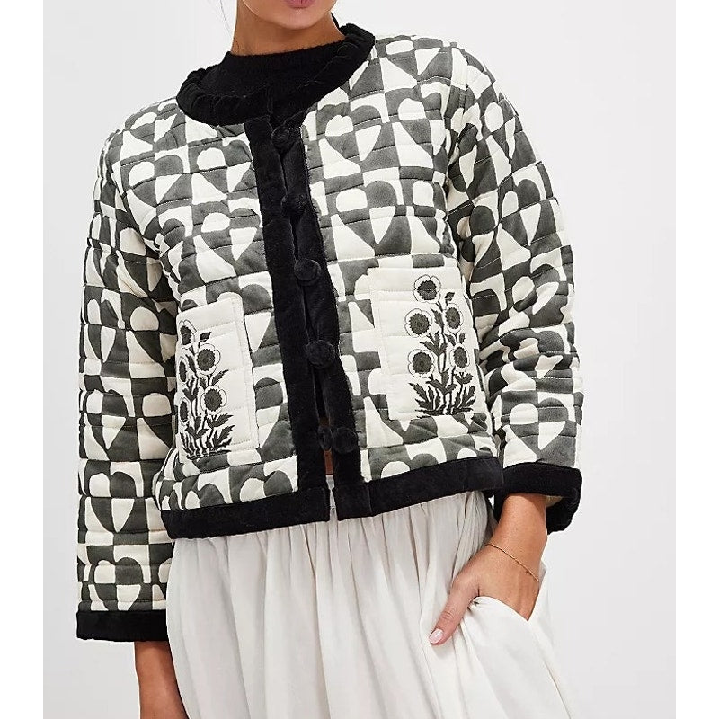 SZ Blockprints Poppy Reversible Quilted Heart Jacket Black White Small