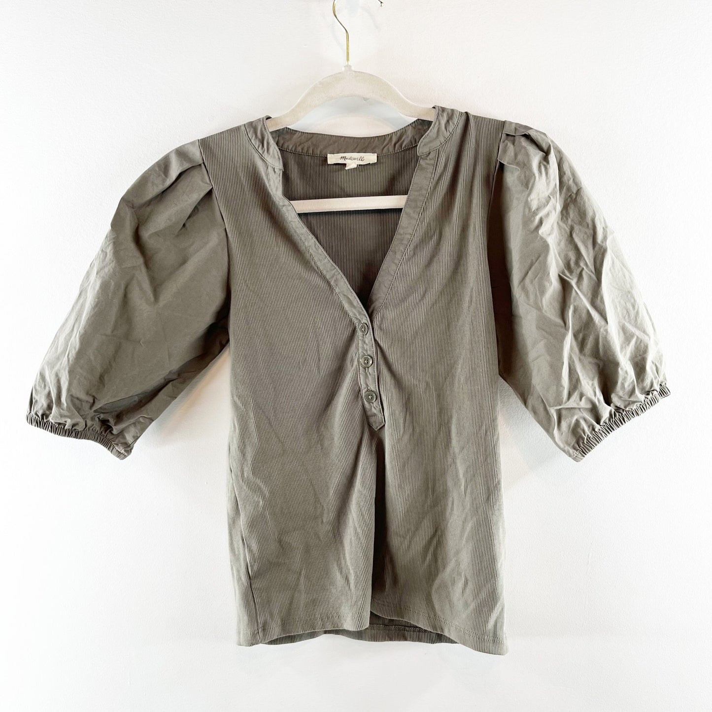 Madewell Cotton Poplin Puff-Sleeve Slim Fit Henley Knit Top Olive Green XS