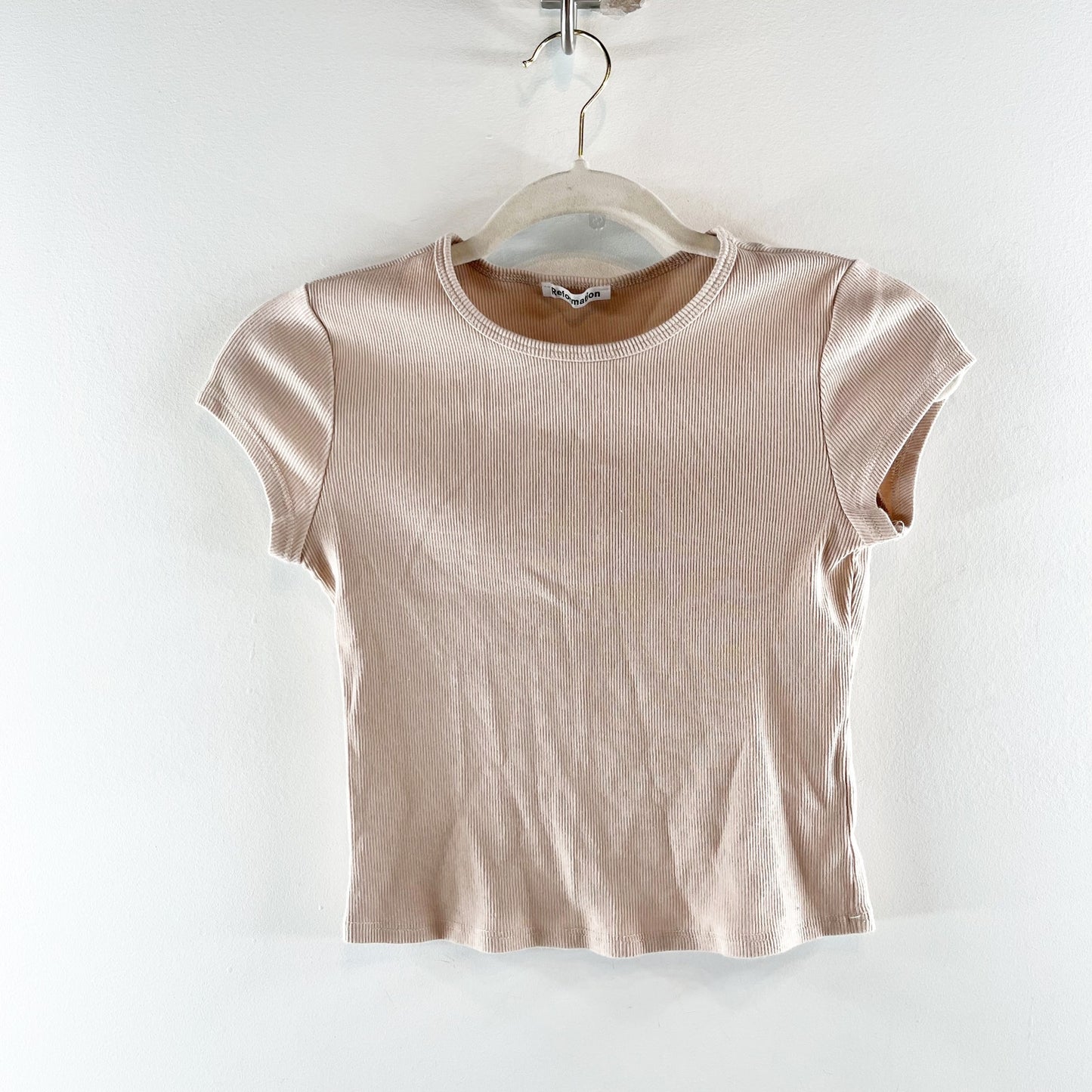 Reformation Ribbed Crewneck Short Sleeve Baby Tee Shirt Tan XS