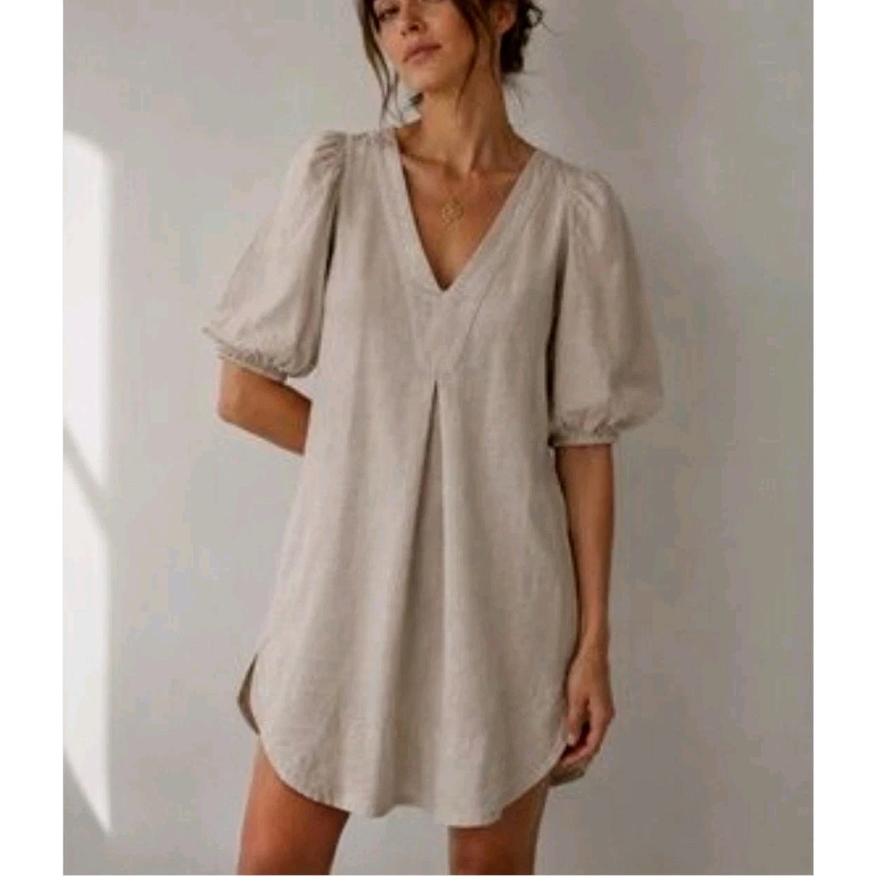 Cynthia Rowley Linen Blend Puff Sleeve V-Neck Mini Dress Taupe Tan Large