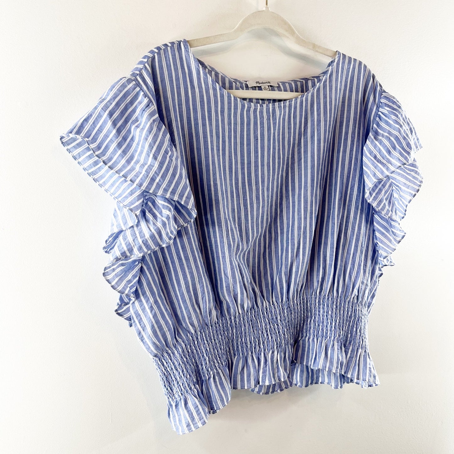 Madewell Flutter Sleeve Smocked Waist Striped Top Blue XL