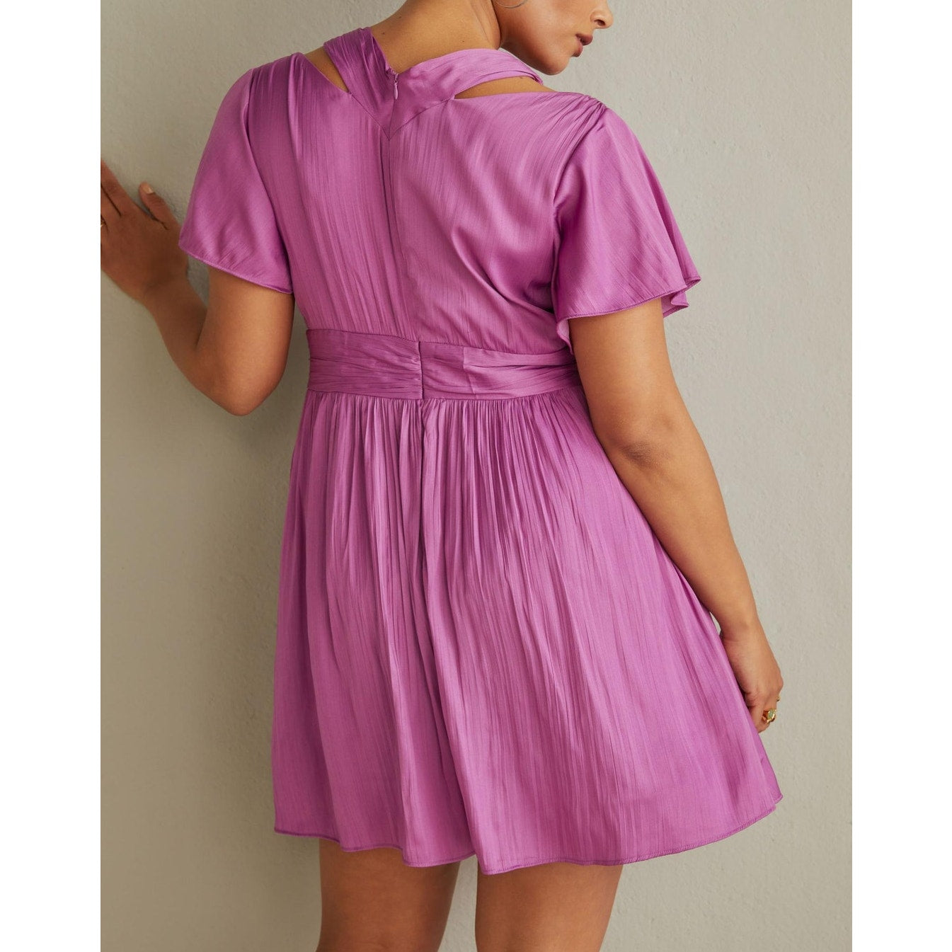 Anthropologie Short Sleeve Pleated Deep V-Neck Vibrant Mini Dress Purple 12