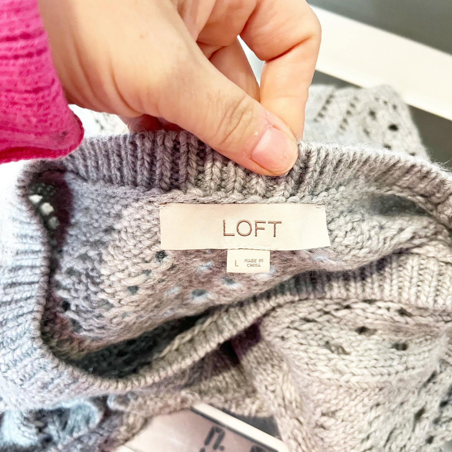 LOFT Pointelle Knit Long Sleeve Crewneck Sweater Gray Large