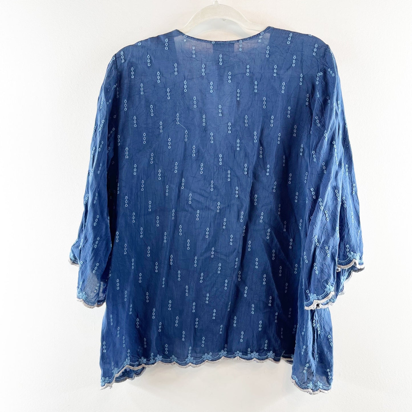 Johnny Was V Neck Embroidered Blouse Shirt Top Blue Medium