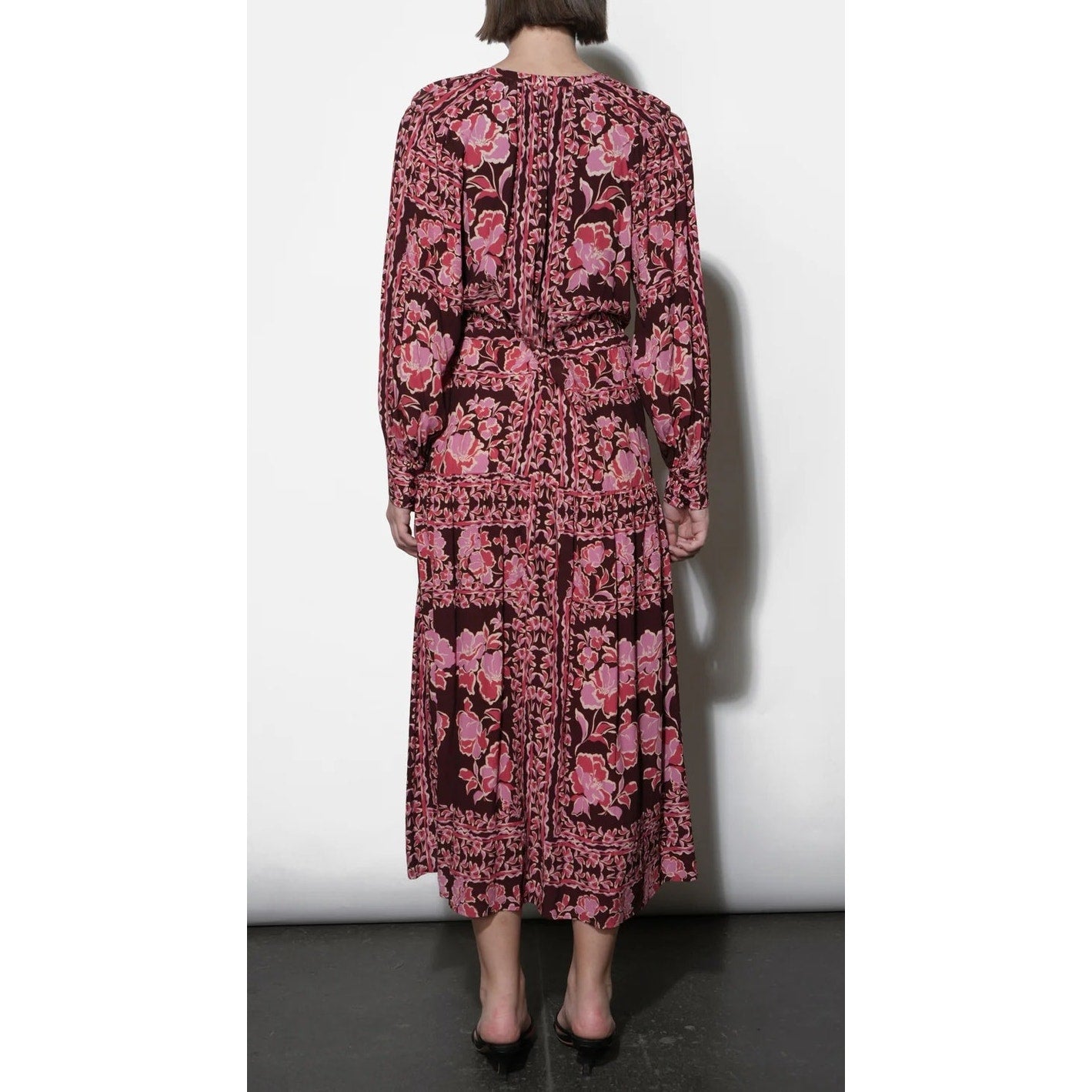 Greylin Petra Scarf Print Button Down Long Sleeve Midi Dress Maroon Purple Large