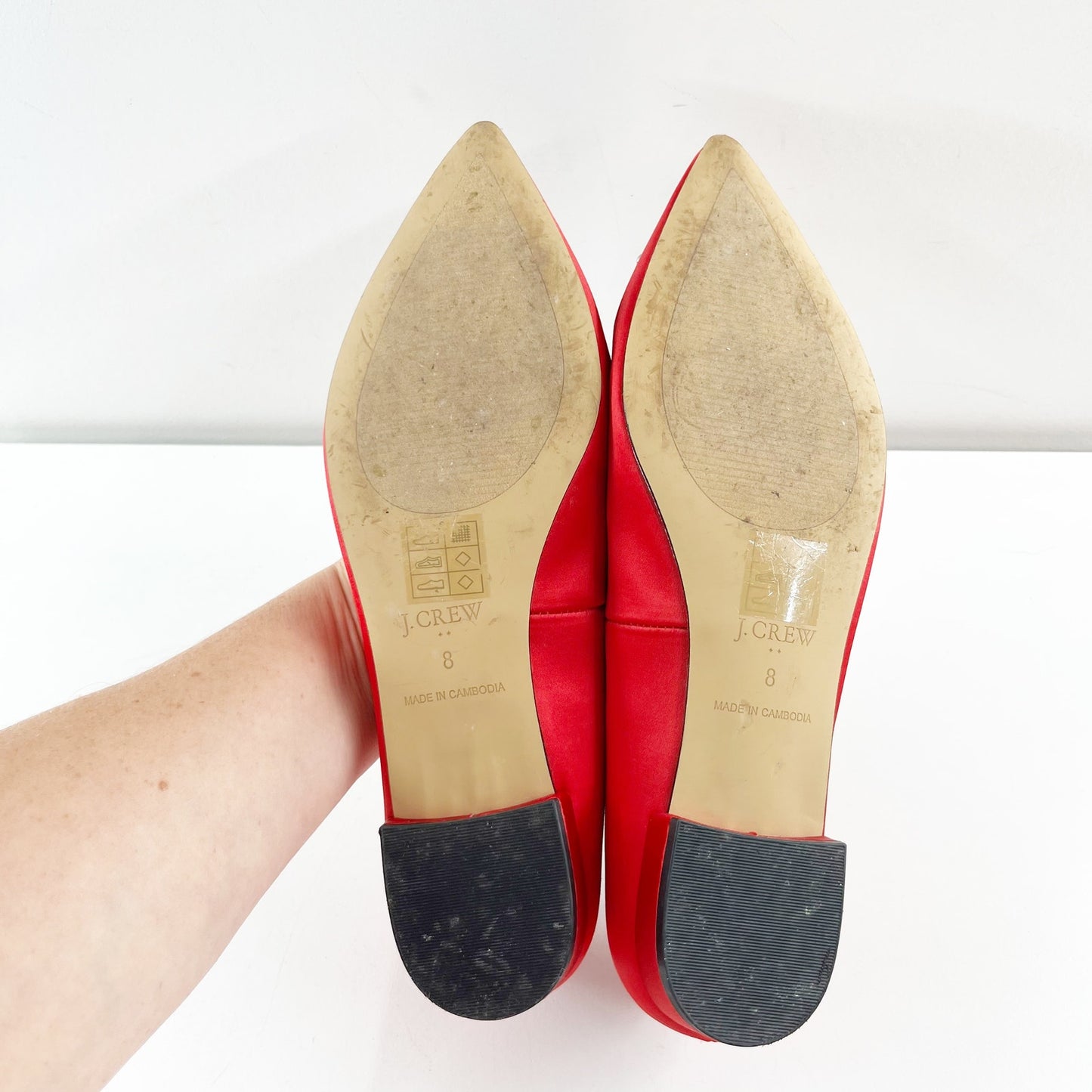 J. Crew Crystal Embellished Pointed Toe Satin Flats Shoes Ruby Red 8