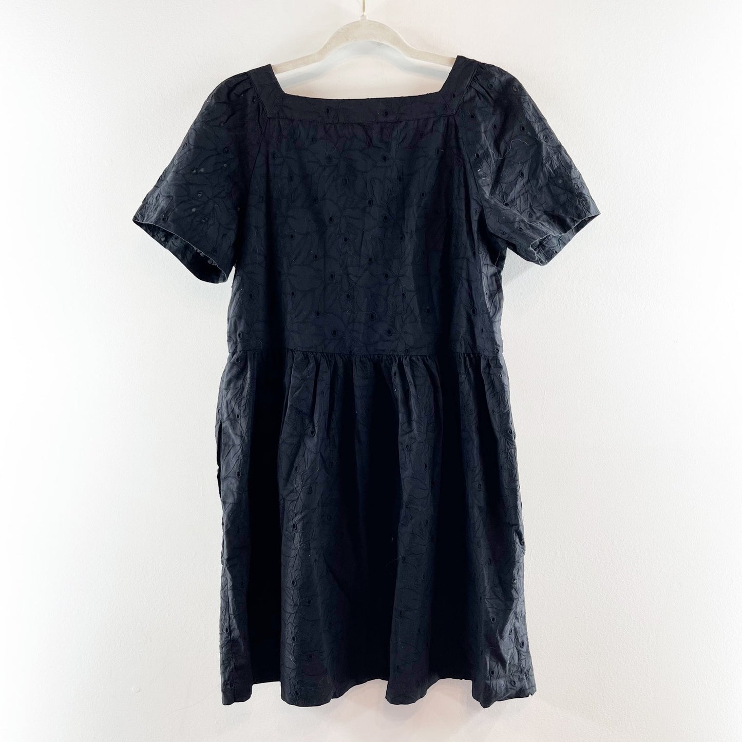 Madewell Allie Square Neck Short Sleeve Cotton Eyelet Mini Dress Black Medium