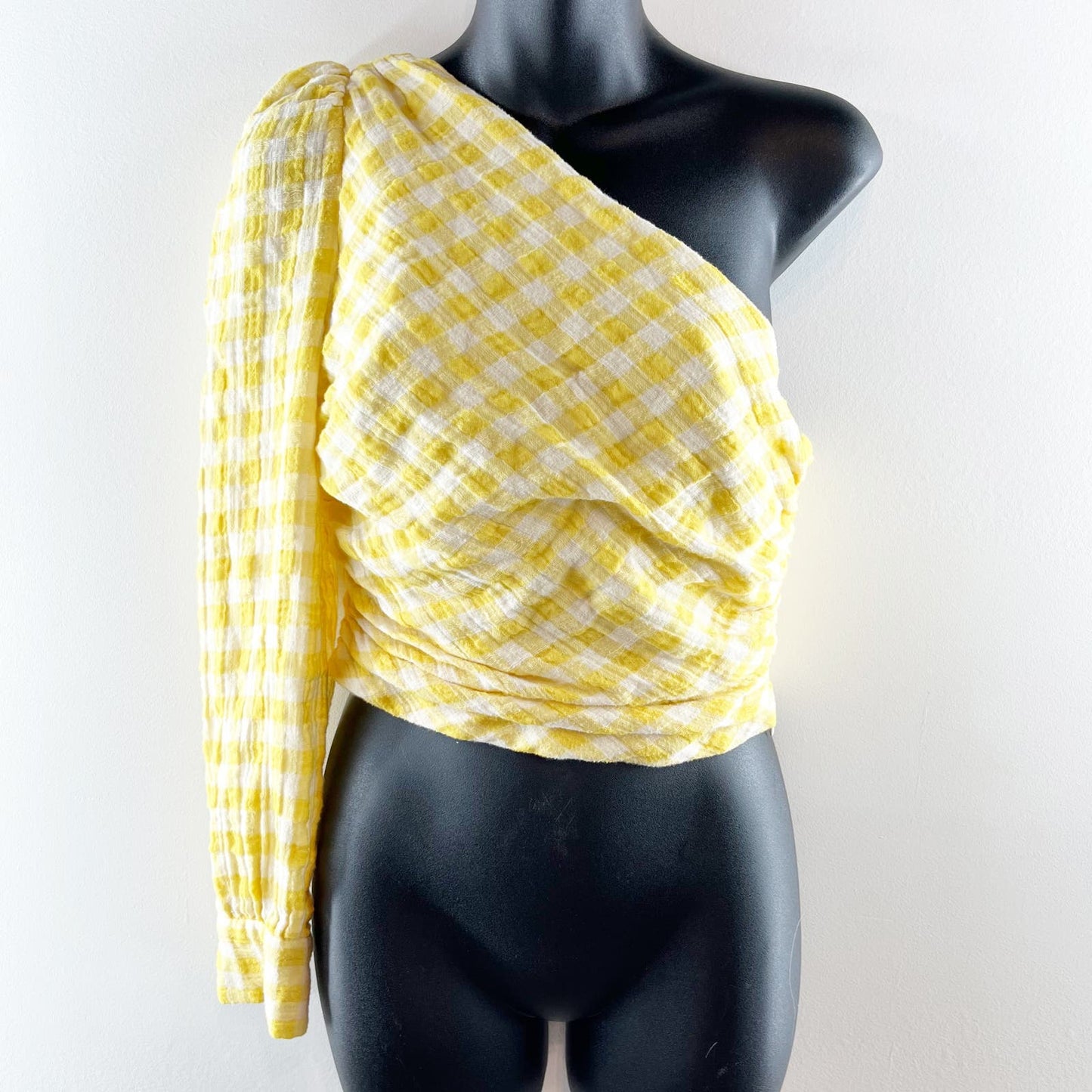 ZARA One Shoulder Gingham Plaid Cropped Top Butter Yellow Medium