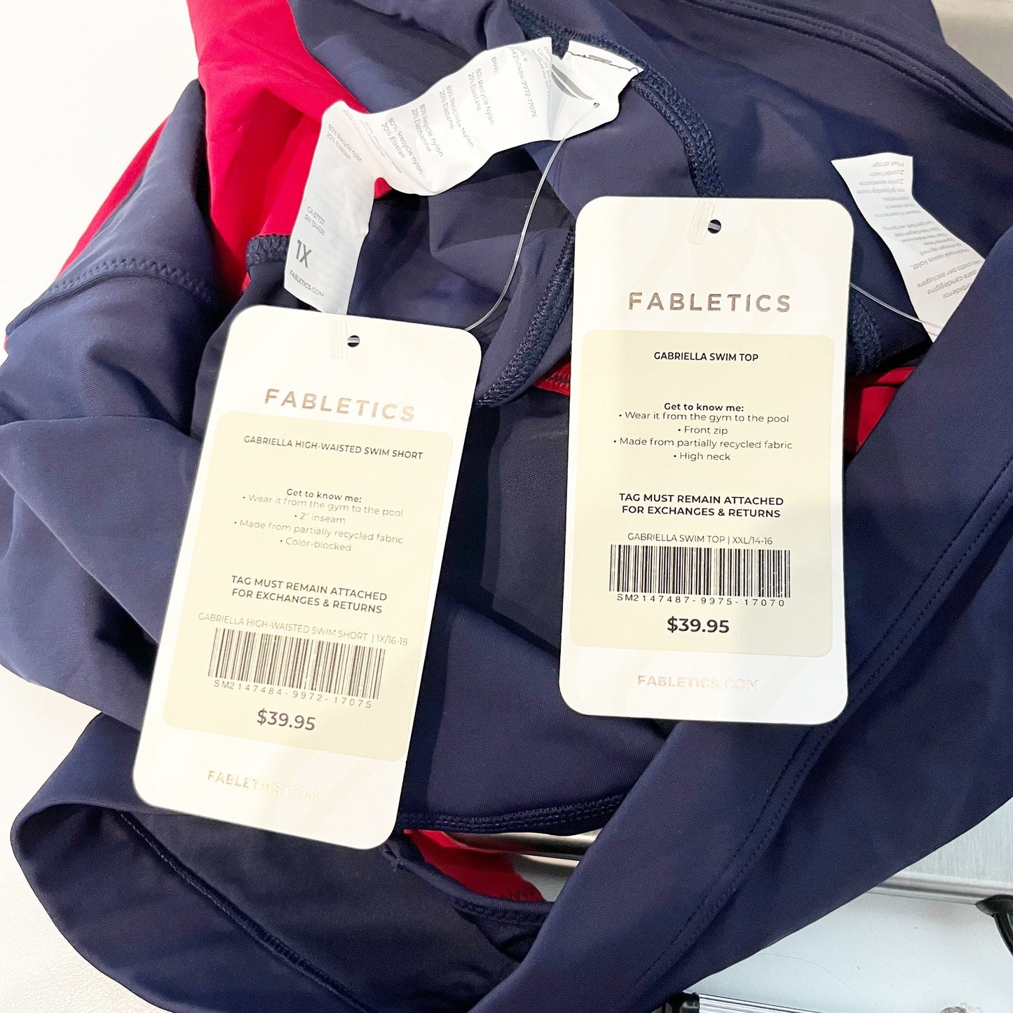 Fabletics Gabriella Swim Top and High Waisted Swim Shorts Navy Blue Red 1X