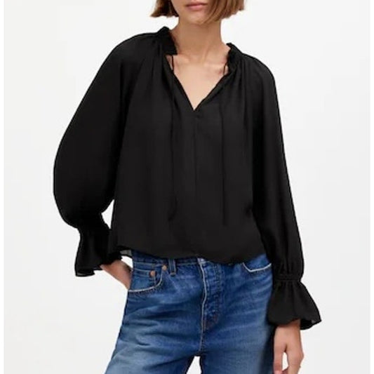 Madewell Long Sleeve Tie Front Blouse Top Black XXS
