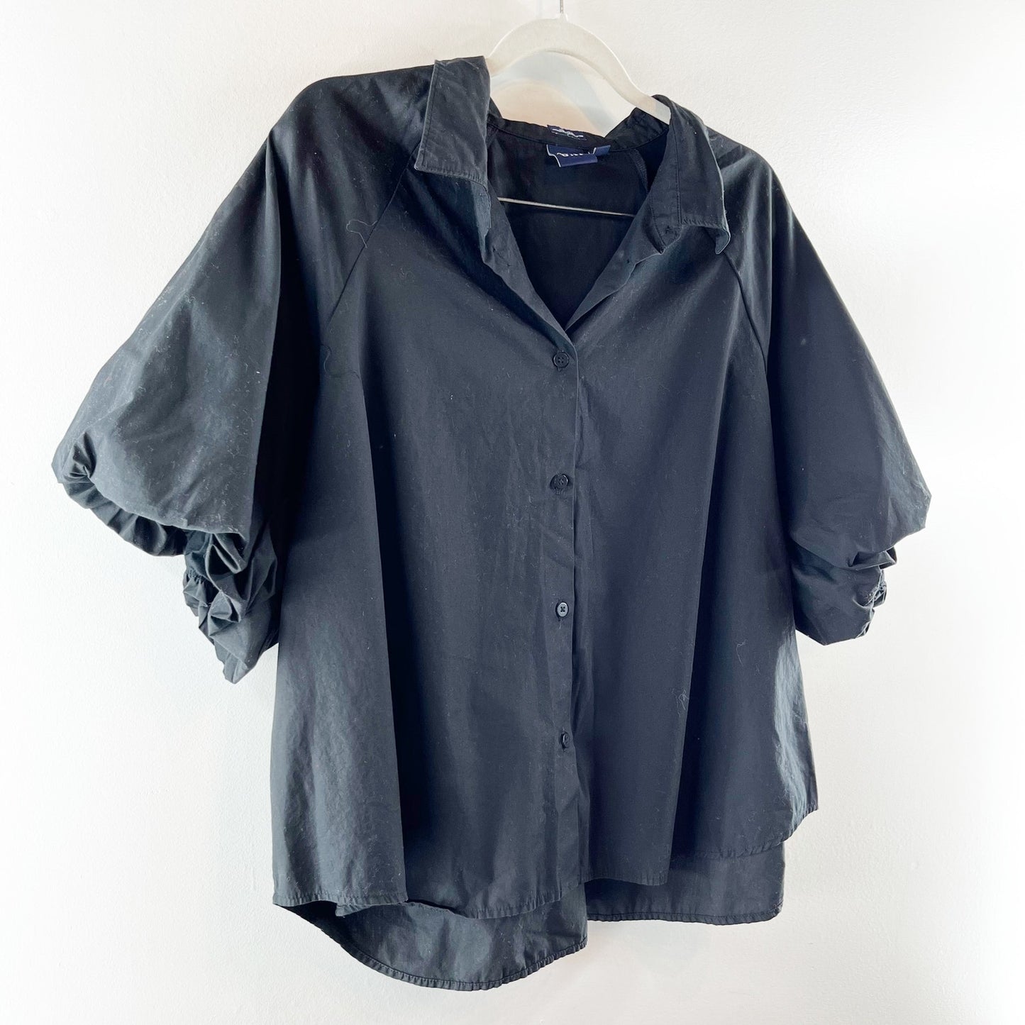 GAP Organic Cotton Short Puff Sleeve Button Down Shirt Top Black XXL