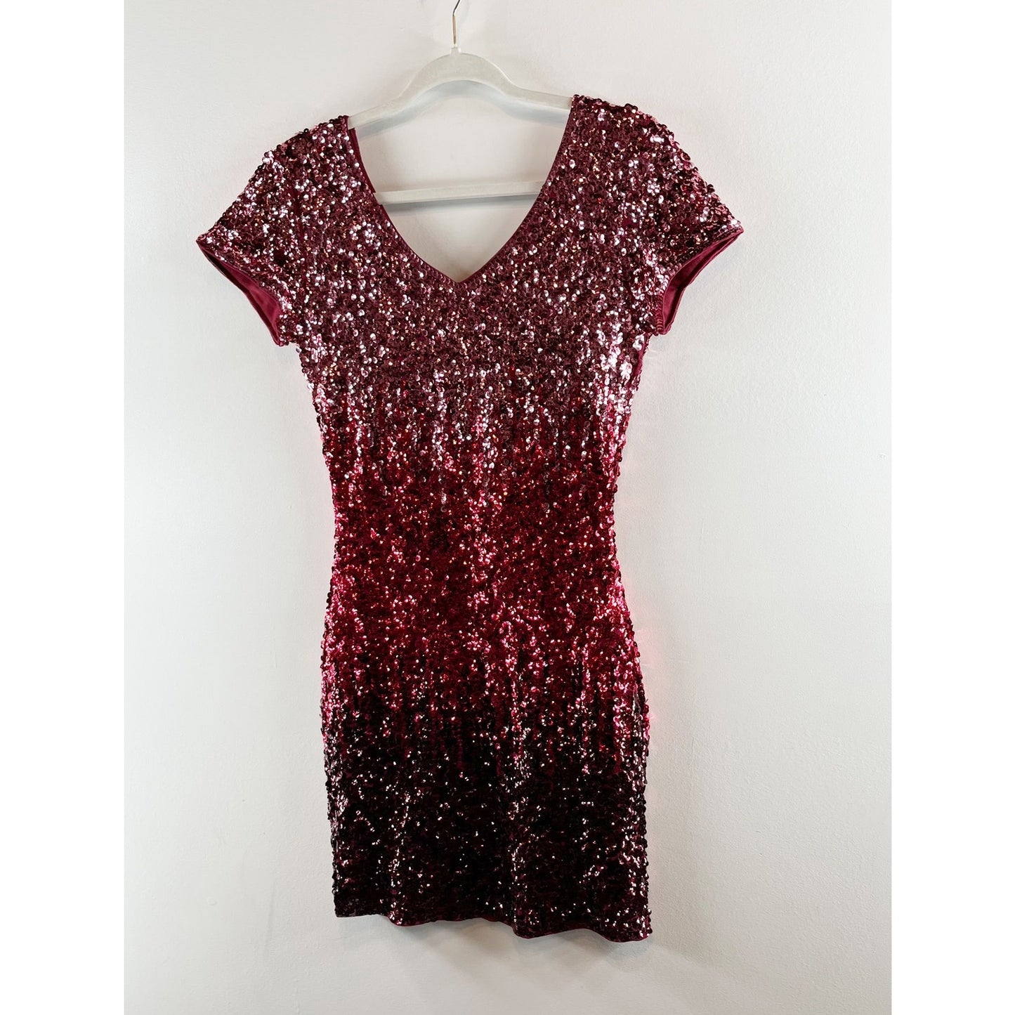 Maner Ombre Sequin Short Sleeve Bodycon Mini Dress Pink Red Black Small