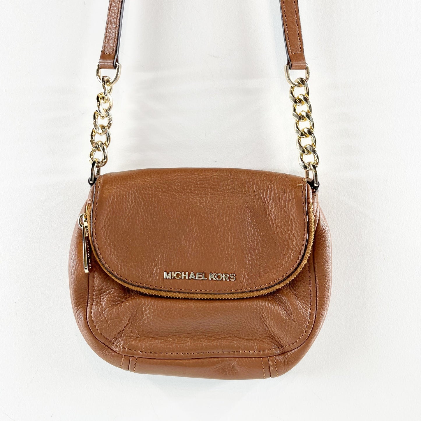 Michael Kors Bedford Flap Pebbled Leather Crossbody Bag Purse Brown