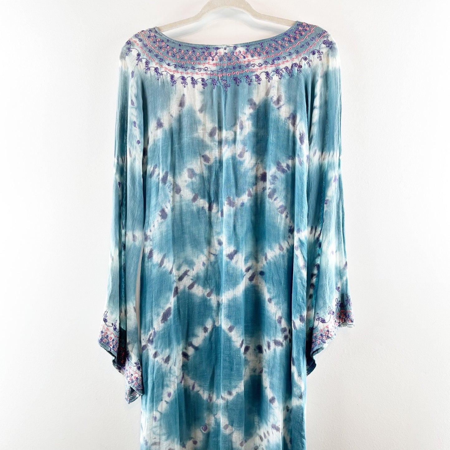 Calypso St. Barth Tie Dye Long Sleeve Scoop Neck Maxi Cover Up Dress Blue Large