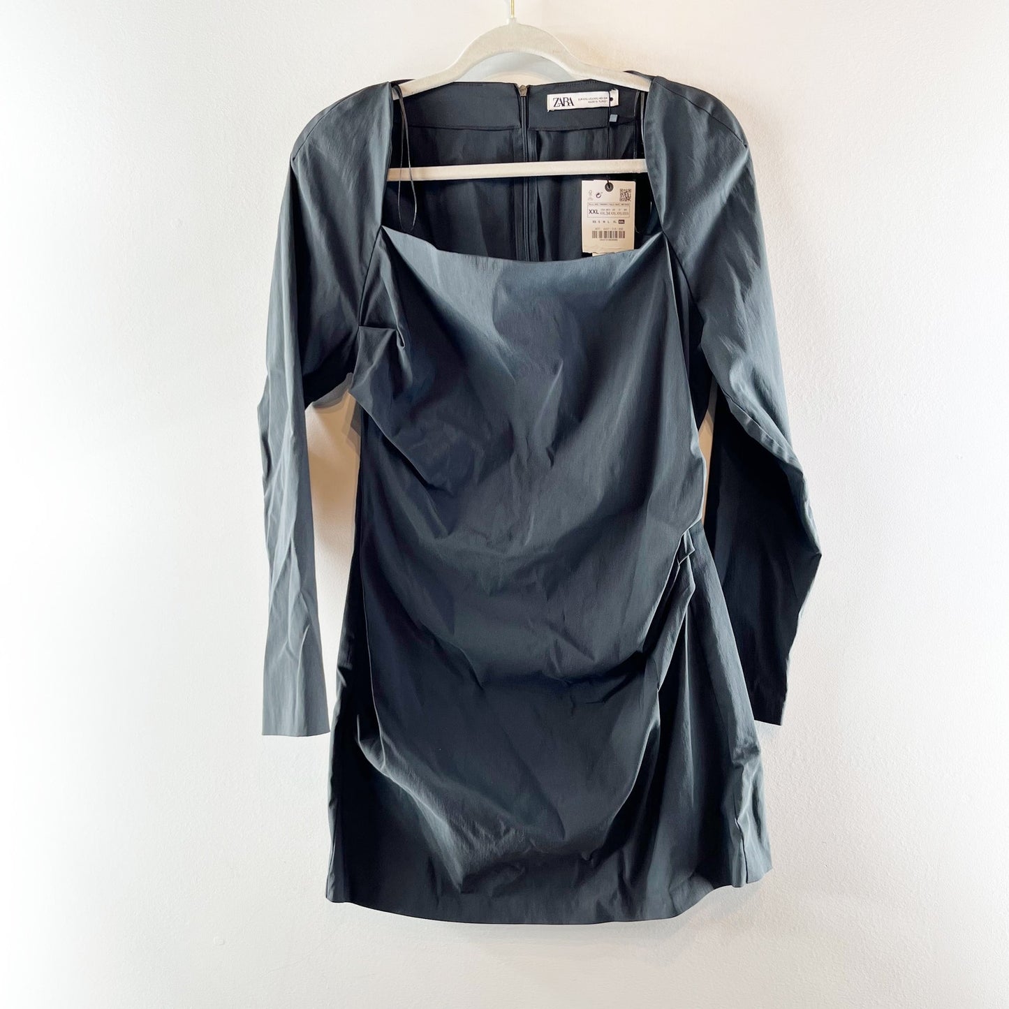 ZARA Square Neck Long Sleeve Ruched Mini Dress Charcoal Gray XXL