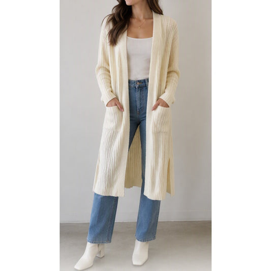 NAADAM Cotton Blend Long Sleeve Textured Longline Cardigan Sweater Cream Small