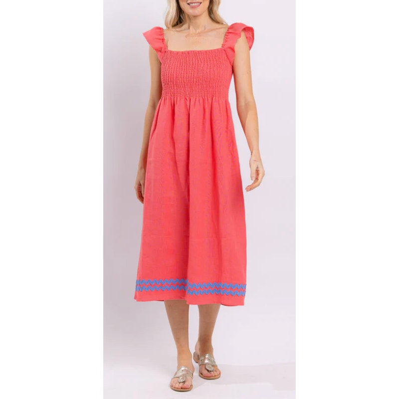 Sail to Sable Square Neck Flutter Sleeve Linen Blend Midi Dress Coral Pink M
